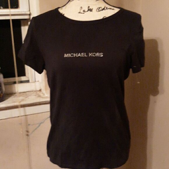 MICHAEL Michael Kors Tops - MICHAEL KORS RHINESTONE LOGO BLACK SHORT SLEEVE TEE L